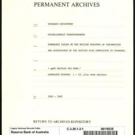 Research Department - Miscellaneous Correspondence - Memoranda (books, stores) - "What Britain Has Done" - Pamphlets Numbers 1 - 43, plus some estrays - File 1 - 1943 - 1945
