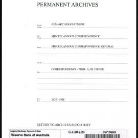 Research Department - Miscellaneous Correspondence - Miscellaneous, General - Fisher, Professor AJB - 1935 - 1938