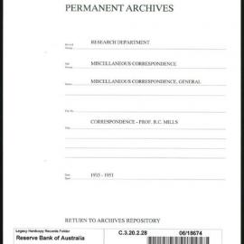 Research Department - Miscellaneous Correspondence - Miscellaneous, General - Mills, Professor RC - 1934 - 1951