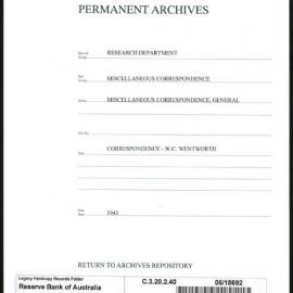 Research Department - Miscellaneous Correspondence - Miscellaneous, General - Wentworth, WC - 1943