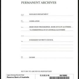 Research Department - Legislation - Banking Act 1947 - Memoranda and Correspondence - Judgement of the Privy Council - 26/10/49
