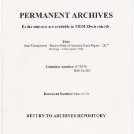 Bank Management - Reserve Bank of Australia Board Papers - 282nd Meeting - 4 December 1984