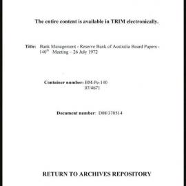 Bank Management - Reserve Bank of Australia Board Papers - 140th Meeting - 26 July 1972