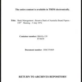 Bank Management - Reserve Bank of Australia Board Papers - 139th Meeting - 5 July 1972