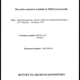 Bank Management - Reserve Bank of Australia Board Papers - 123rd Meeting - 3 February 1971