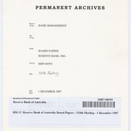 Bank Management - BM 13  Reserve Bank of Australia Board Papers - 315th Meeting - 1 December 1987