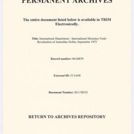International Department - International Monetary Fund - Revaluation of Australian Dollar,  September 1973