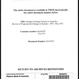 International Department - FEP F11 - Foreign Exchange System in Australia - Review of Proposals for Changes in System - 1970 - May 1971