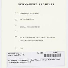 SECRETARY'S DEPARTMENT - Gold "Niagara" Salvage - Melbourne Office Correspondence - Agreement, 1940