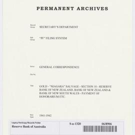 SECRETARY'S DEPARTMENT - Gold "Niagara" Salvage - Section 10 - Reserve Bank of New Zealand, Bank of New Zealand & Bank of New South Wales - Payment of Honorarium Etc., 1941-1942