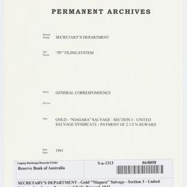 SECRETARY'S DEPARTMENT - Gold "Niagara" Salvage - Section 3 - United Salvage Syndicate - Payment of 2½% Reward, 1941