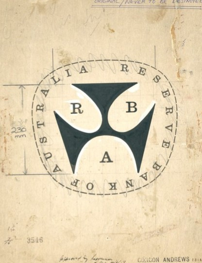 Design artwork by Gordon Andrews for the RBA Emblem / Logo / Symbol / Crest - with notation that it was approved by the Governor on the 4 June 1959 
